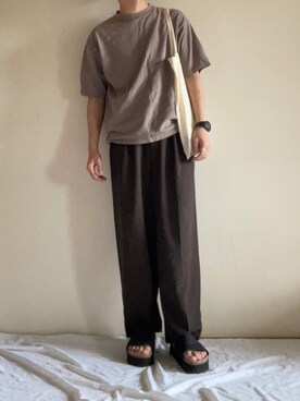 「WYM LIDNM（ウィム バイ リドム）の【WYM LIDNM】HEAVY WEIGHT BASIC BIG-TEE/カットソー（Tシャツ/カットソー、ブラウン系）」を使った、くーまさん（メンズ・169cm）の夏コーディネート