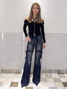 ハイウエスト strap cargo designフレアデニムパンツ｜ジェイダ（GYDA