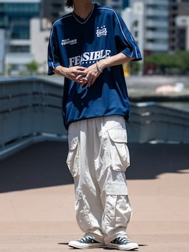 「アイテム（カーゴパンツ、ホワイト系）」を使った、ますさん（メンズ・177cm）の夏コーディネート