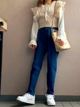 「GRL（グレイル）のフリルマムデニムパンツ（デニムパンツ）」を使った、himmelさん（レディース・150cm）の秋コーディネート