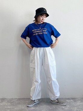 「PBLIM（ページボーイリム）のPAGEBOYLIM/ロゴ刺繍バケットハット2（ハット）」を使った、Naoさん（レディース・159cm）の夏コーディネート