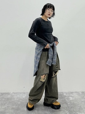 「PBLIM（ページボーイリム）のPBLIM/ロゴシシュウリブプルオーバー（Tシャツ/カットソー）」を使った、Naoさん（レディース・159cm）の夏コーディネート