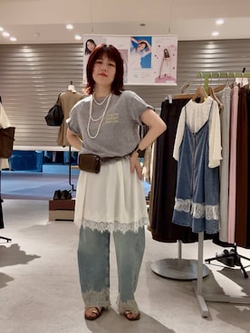 「LOWRYS FARM（ローリーズファーム）のレースデニム　601055（デニムパンツ、ブルー系）」を使った、miyusan☆さん（レディース・155cm）の夏コーディネート