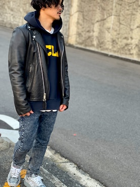 「VANSON（ヴァンソン）のアイテム（ライダースジャケット）」を使った、TAKAHIROさん（メンズ・172cm）の冬コーディネート