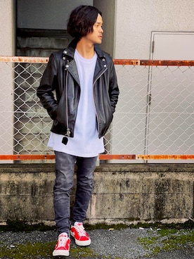 「VANSON（ヴァンソン）のアイテム（ライダースジャケット）」を使った、TAKAHIROさん（メンズ・172cm）の秋コーディネート