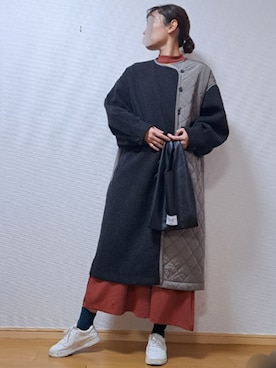 「BEAMS」｜「アイテム（ノーカラーコート）」を使った、usakiさん（レディース・156cm）の冬コーディネート