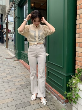 「mystic（ミスティック）のセンターステッチフレアデニム（デニムパンツ）」を使った、アヤカさん（レディース・159cm）の夏コーディネート