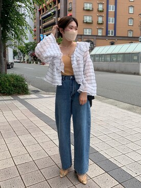 「mystic（ミスティック）のシアーボーダーラッフルブラウス（シャツ/ブラウス）」を使った、アヤカさん（レディース・159cm）の夏コーディネート