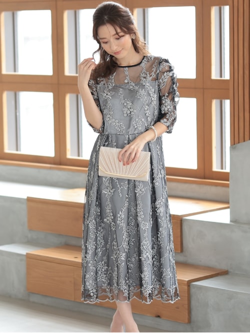 セール】結婚式 ・二次会向け 上品スカラップレース フレアドレス(S,M