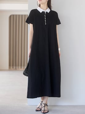 「PREFERIR（プレフェリール）の配色襟ポロカットワンピース／フレンチスリーブ・体型カバー・Aライン（シャツワンピース、ブルー系）」を使った、PREFERIR_webさん（レディース・162cm）の春コーディネート