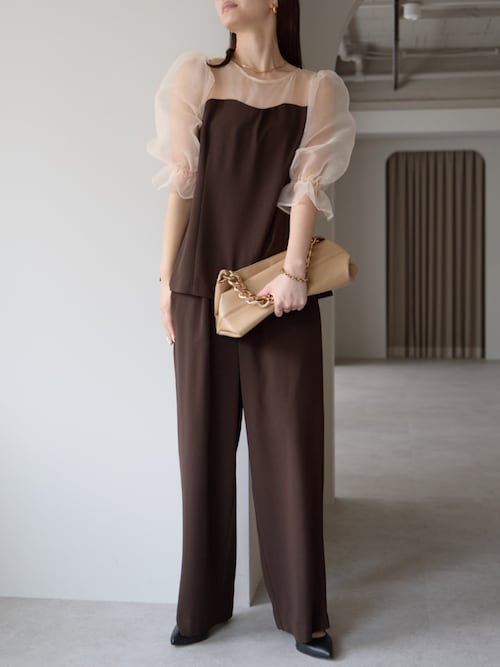 シアーブラウス＆ワイドパンツ セットアップ パンツドレス (S,M,L,XL