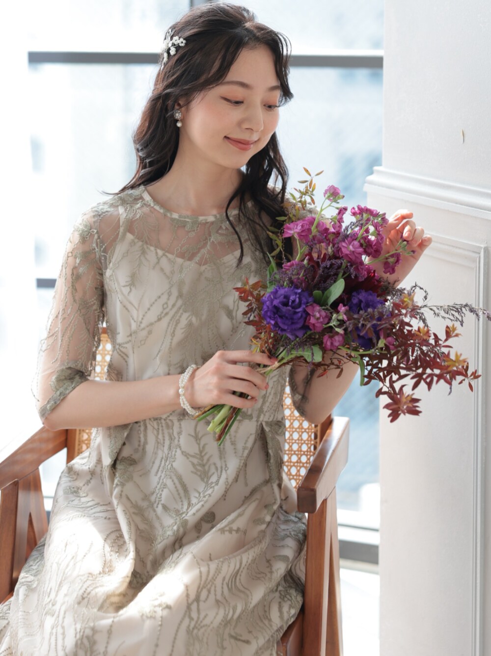 「レースワンピース、刺繡ワンピース、大人可愛い、パーティー、結婚式、オケージョン、プレフェリール、PREFERIR、オトナ女子、キレイめ、デート、春カラー、結婚式二次会スタイル、結婚式 ワンピース、結婚式コーデ」｜「PREFERIRのシアーレース バックリボン 結婚式 パーティー ドレス ワンピース（ドレス、グリーン系）」を使った、PREFERIR_webさん（レディース・163cm）の冬コーディネートの1枚目の写真