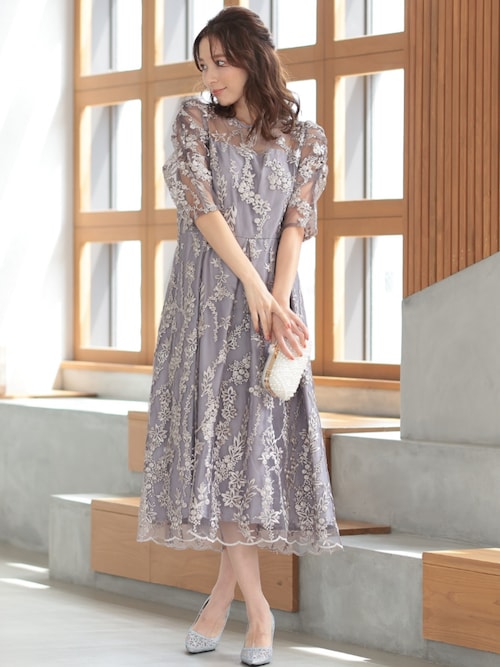 セール】結婚式 ・二次会向け 上品スカラップレース フレアドレス(S,M