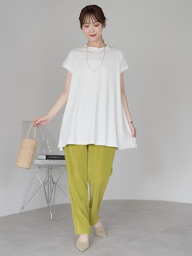 「PREFERIR（プレフェリール）の綿100％ 接触冷感 フレンチスリーブAラインチュニックTシャツ（Tシャツ/カットソー、ホワイト系）」を使った、PREFERIR_webさん（レディース・162cm）の夏コーディネート