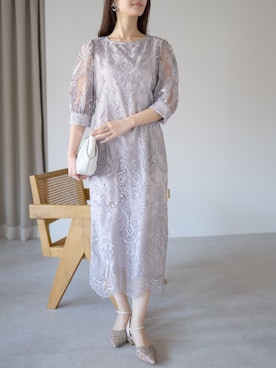 「PREFERIR（プレフェリール）のボリューム袖 チュール刺繍レース バックリボン 結婚式 パーティー タイトドレス お呼ばれワンピース（ドレス、パープル系）」を使った、PREFERIR_webさん（レディース・162cm）の春コーディネート