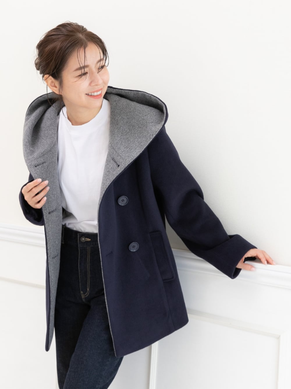 「プチプラ、冬アウター、ピーコート、Pコート、大人可愛い、プレフェリール、PREFERIR、シンプル、休日スタイル、30代コーデ、きれいめカジュアル、ママファッション、デート、冬服コーデ、お出かけコーデ」｜「PREFERIRのフーディー Pコート（ピーコート、ブルー系）」を使った、PREFERIR_webさん（レディース・160cm）の冬コーディネートの1枚目の写真