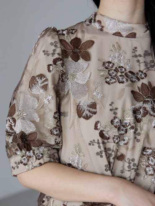 PREFERIR ブラウン レース刺繍 結婚式パーティードレス PREFERIR ドレス 刺繍レース バックリボンドレス結婚式