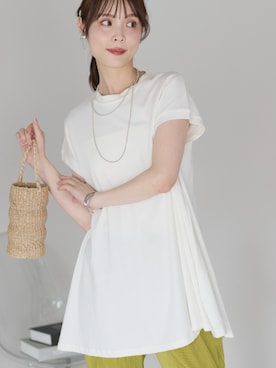 「PREFERIR（プレフェリール）の綿100％ 接触冷感 フレンチスリーブAラインチュニックTシャツ（Tシャツ/カットソー、ホワイト系）」を使った、PREFERIR_webさん（レディース・162cm）の夏コーディネート