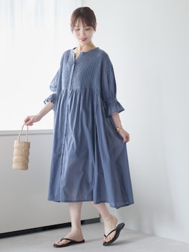 「PREFERIR（プレフェリール）のフォークロア刺繍見えピンタックコットンボイルワンピース / 前開き・2WAY・涼感素材（ワンピース、ブルー系）」を使った、PREFERIR_webさん（レディース・162cm）の夏コーディネート