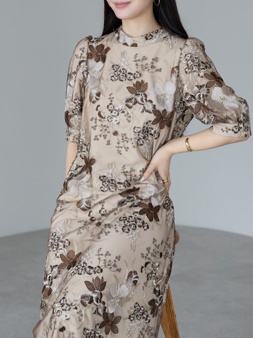 PREFERIR ブラウン レース刺繍 結婚式パーティードレス PREFERIR ドレス 刺繍レース バックリボンドレス結婚式