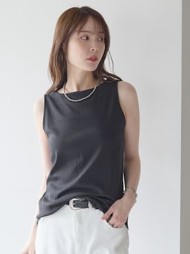「PREFERIR（プレフェリール）のきれい見えボートネックタンクトップ｜上品見え・インナー使い・ON/OFF対応（タンクトップ、ブラック系）」を使った、PREFERIR_webさん（レディース・162cm）の春コーディネート