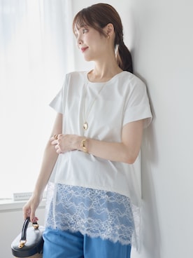 「PREFERIR（プレフェリール）の裾レース切替 フレンチスリーブAラインプルオーバー（Ｍ,Ｌ,ＸＬ）スリーサイズ（Tシャツ/カットソー、ホワイト系）」を使った、PREFERIR_webさん（レディース・162cm）の夏コーディネート