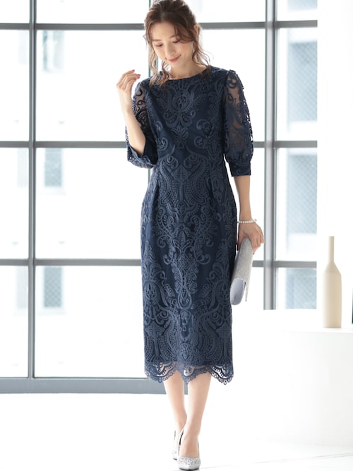 美品　ポワントリュネ　オケージョンドレス　レースワンピース　リボン　グレー　F セール】刺繍レース バックリボンドレス結婚式 パーティー
