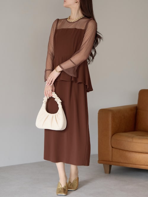 ドットチュール ペプラム ワンピース 結婚式 パーティードレス(S,M,L