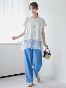 「PREFERIR（プレフェリール）の裾レース切替 フレンチスリーブAラインプルオーバー（Ｍ,Ｌ,ＸＬ）スリーサイズ（Tシャツ/カットソー、ホワイト系）」を使った、PREFERIR_webさん（レディース・162cm）の夏コーディネート