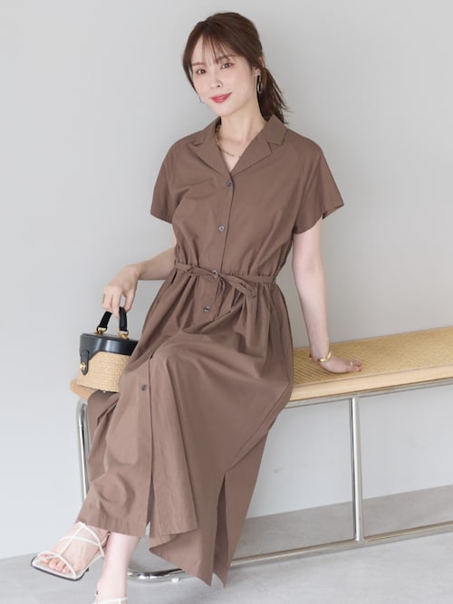 前開き2WAY ウエストギャザーシャツワンピース｜ロング丈・体型カバー・羽織り・綿100%（S.M.L.XL)