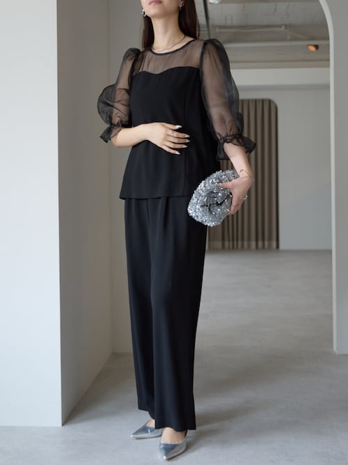 シアーブラウス＆ワイドパンツ セットアップ パンツドレス (S,M,L,XL