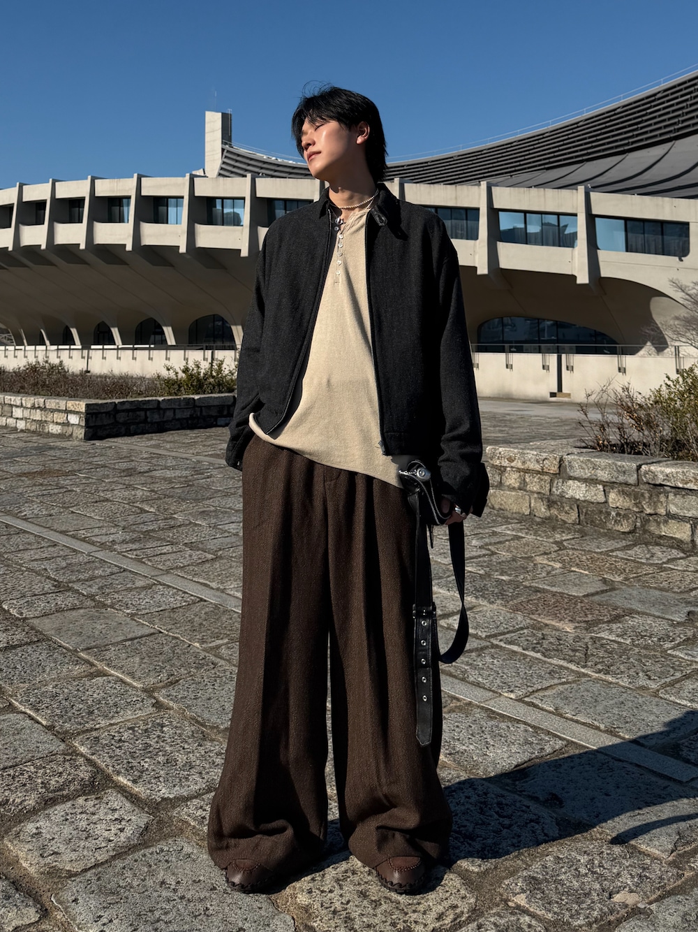 【完売品】soerte ワイドストレートヘリンボーンスラックス　ブラウン　1 完売品】soerte ワイドストレートヘリンボーンスラックス ブラウン 1