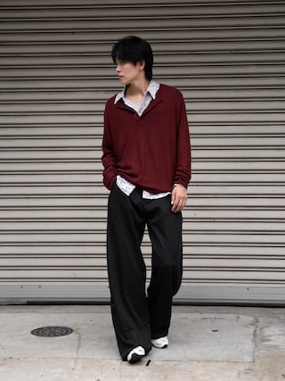 「SIGNATURE（シグネチャ）のマルチタックワイドスラックス[ブラック]（スラックス）」を使った、KAIさん（メンズ・183cm）の秋コーディネート