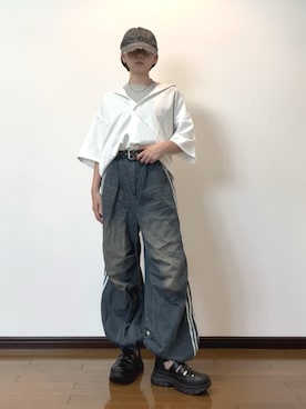 「ワイドパンツ」｜「アイテム（ブルー系）」を使った、　lunaさん（レディース・162cm）の夏コーディネート