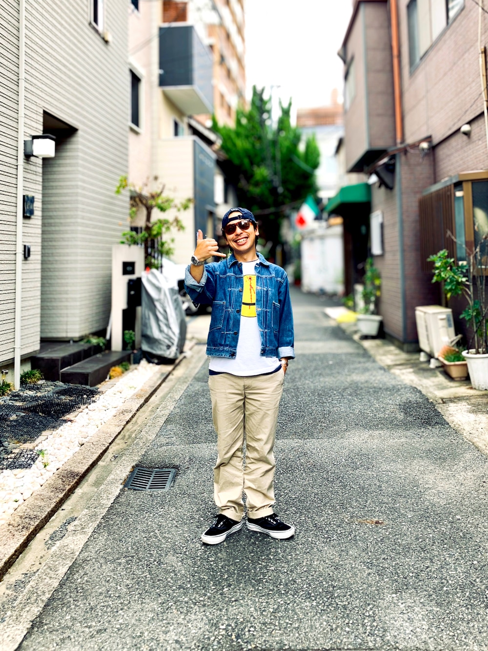 「ラルフローレン、古着MIX、古着、古着コーデ、古着好きな人と繋がりたい、低身長」｜「VINTAGEのアイテム（デニムジャケット、ブルー系）」を使った、たつやさん（メンズ・155cm）の秋コーディネートの1枚目の写真