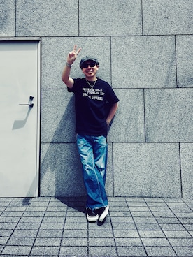 「VINTAGE（ヴィンテージ）のアイテム（Tシャツ/カットソー、ブラック系）」を使った、たつやさん（メンズ・155cm）の夏コーディネート