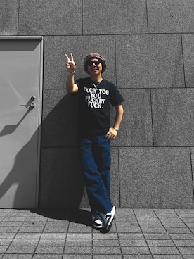 「VINTAGE（ヴィンテージ）のアイテム（Tシャツ/カットソー、ブラック系）」を使った、たつやさん（メンズ・155cm）の夏コーディネート