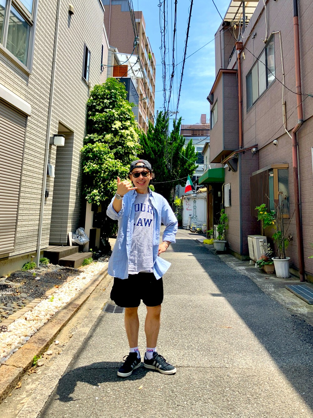 「中崎町、古着MIX、古着、古着コーデ、古着好きな人と繋がりたい、低身長」｜「POLO RALPH LAURENのアイテム（シャツ/ブラウス、ブルー系）」を使った、たつやさん（メンズ・155cm）の夏コーディネートの1枚目の写真