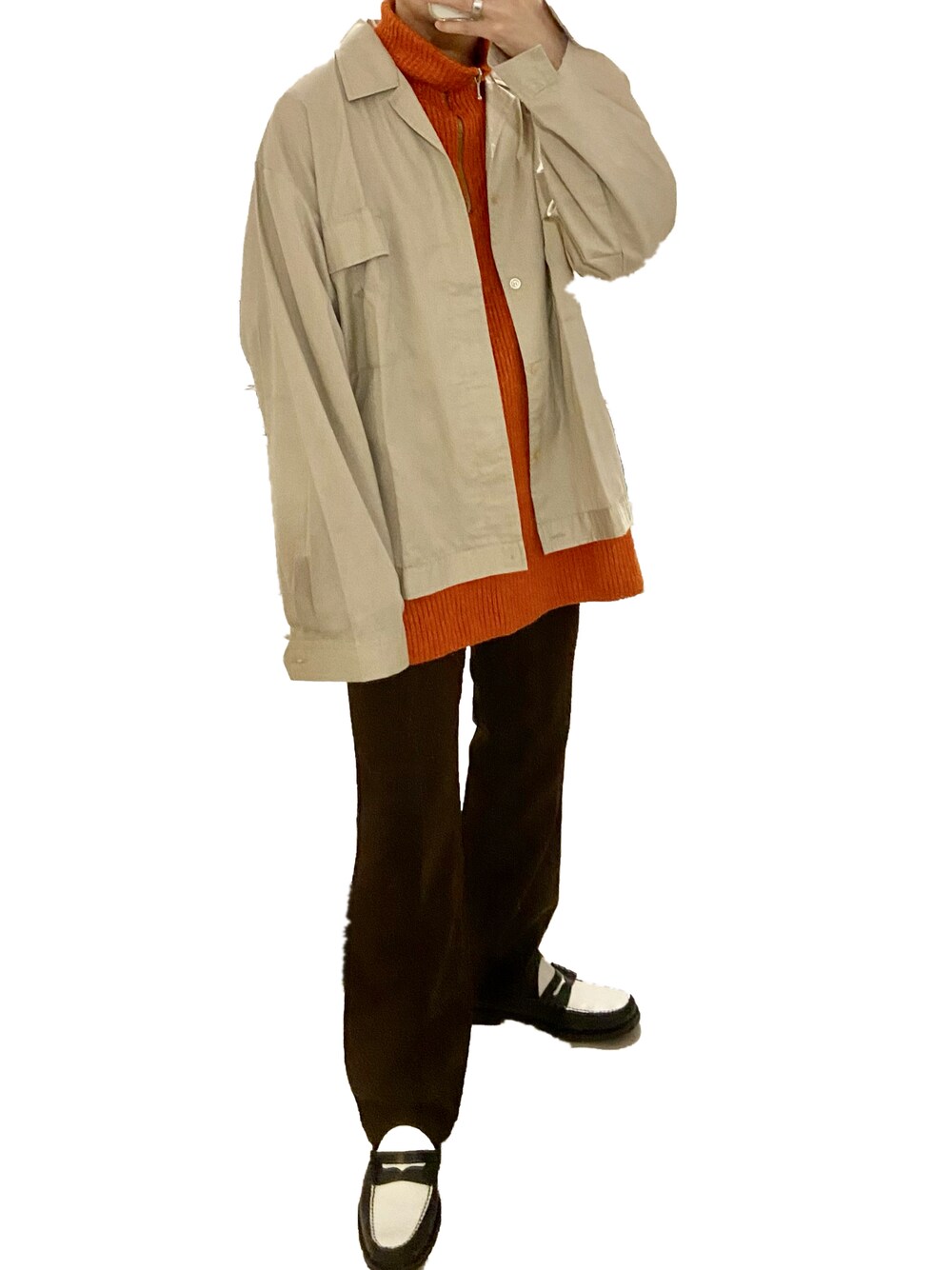 「オレンジ」｜「used orange  knitのアイテム（ニット/セーター、オレンジ系）」を使った、Don'tFollowMeさん（メンズ・165cm）の冬コーディネートの1枚目の写真