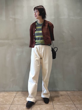 「nicholson&nicholson（ニコルソンアンドニコルソン）のnicholson & nicholson |〈別注〉シアー ショートスリーブシャツ WOMEN（シャツ/ブラウス、ブラウン系）」を使った、Bshopスタッフさん（レディース・148cm）の夏コーディネート