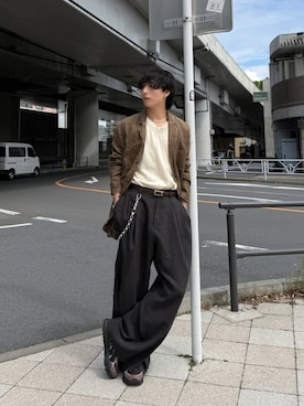 「SUBLATIONS（サブレーションズ）のアイテム（スラックス、ブラウン系）」を使った、kanayamataiseiさん（メンズ・178cm）の夏コーディネート