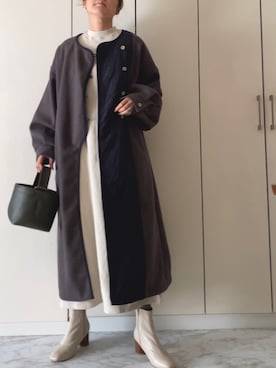 「アシンメトリー」｜「アイテム（ノーカラーコート）」を使った、NAnaさん（レディース・158cm）の冬コーディネート