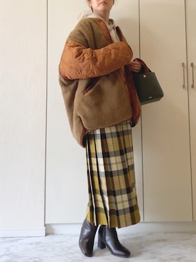 「チェック柄に恋してる」｜「アイテム（ノーカラージャケット）」を使った、NAnaさん（レディース・158cm）の冬コーディネート