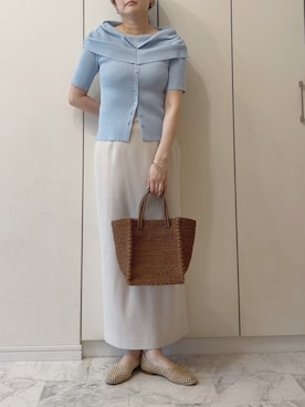 「SENSE OF PLACE by URBAN RESEARCH（センスオブプレイスバイアーバンリサーチ）の『洗濯可』オフショルリブセーター(半袖)（ニット/セーター、ブルー系）」を使った、NAnaさん（レディース・158cm）の夏コーディネート