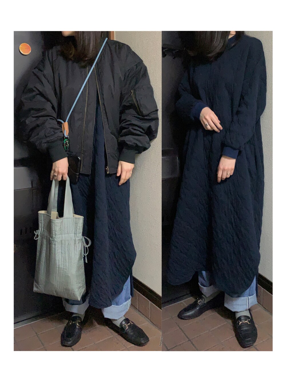 「MA-1、ビッグシルエット、オーバーサイズ、黒アウター、キルティング、ワンピーススタイル、レイヤードスタイル、デニムパンツ、デニムコーデ、キルティングバッグ、ローファー、ビットローファー、ワンピースコーデ、楽チンコーデ、ラクチンコーデ」｜「Kastaneのアイテム（MA-1、ブラック系）」を使った、ハルさん（レディース・158cm）の春コーディネートの1枚目の写真
