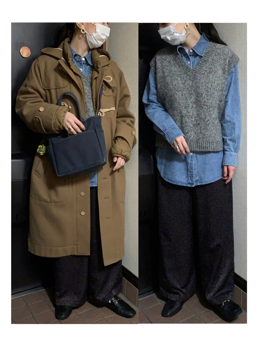 「オトナカジュアル、ダッフルコート、ニットベスト、ベスト×シャツ、デニムシャツ、ワイドパンツ、柄パンツ、ローファー、ビットローファー、パンツスタイル、レイヤードスタイル、デニムコーデ、ベストコーデ、カジュアルコーデ、シャツスタイル」｜「ASEEDONCLOUDのASEEDONCLOUD アシードンクラウド　Peasant Melton Mother's Coat（ダッフルコート、その他）」を使った、ハルさん（レディース・158cm）の春コーディネートの1枚目の写真