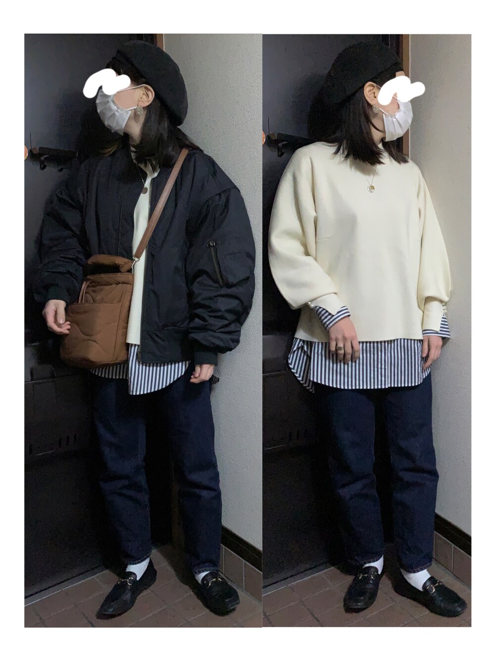 「ベレー帽、MA-1、ニットコーデ、ストライプシャツ、デニムパンツ、ローファー、ビットローファー、キルティングバッグ、ボリューム袖、ボリュームスリーブ、カジュアルガーリー、大人カジュアル、パンツスタイル、オトナカジュアル、白ニット」｜「CANICHEのアイテム（ハンチング/ベレー帽、ブラック系）」を使った、ハルさん（レディース・158cm）の冬コーディネートの1枚目の写真