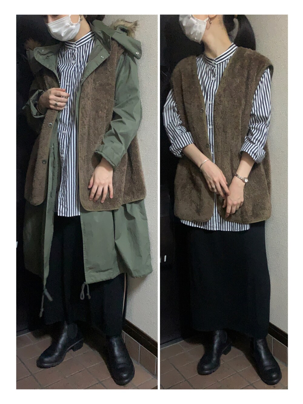 「大人カジュアル、秋服コーデ、オトナ女子、ボアベスト、ストライプシャツ、タイトスカート、サイドゴアブーツ、モッズコート、カーキアウター、カジュアルコーデ、シャツスタイル、チュニック、スカートスタイル、ショートブーツ、ベストコーデ」｜「Boutique Ordinaryのアイテム（モッズコート、グリーン系）」を使った、ハルさん（レディース・158cm）の秋コーディネートの1枚目の写真