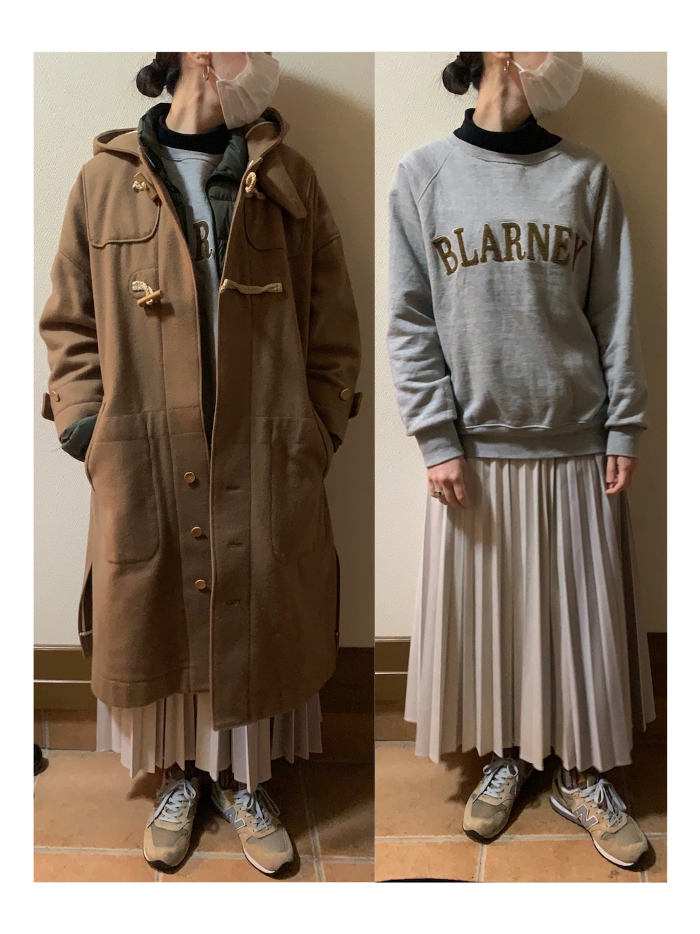 「タートルネック、ロゴスウェット、スウェットコーデ、プリーツスカート、スニーカー、ダッフルコート、New Balance、ニューバランス、カジュアルコーデ、ロングスカート、スカートスタイル、スニーカーコーデ、カジュアルガーリー、スニーカー女子、スカートコーデ」｜「AuieFのアイテム（スウェット、グレー系）」を使った、ハルさん（レディース・158cm）の冬コーディネートの1枚目の写真