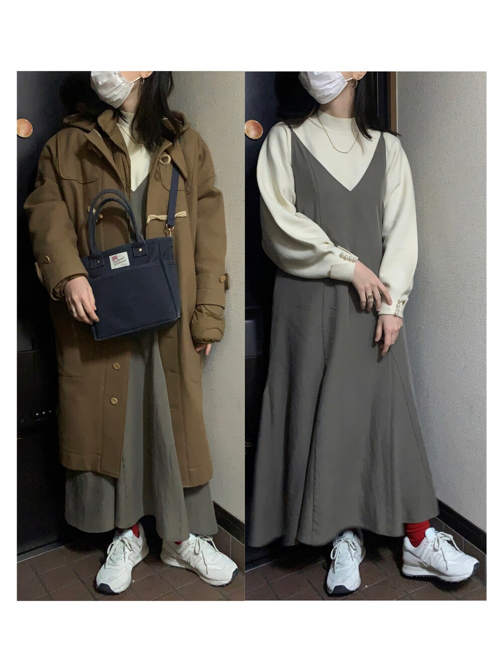 「ハイネックニット、白ニット、キャミワンピ、キャミワンピース、ダッフルコート、赤い靴下、カラーソックス、白スニーカー、スニーカーコーデ、スニーカー女子、フェミニン、カジュアルガーリー、ワンピーススタイル、ワンピースコーデ、大人ガーリー」｜「ASEEDONCLOUDのASEEDONCLOUD アシードンクラウド　Peasant Melton Mother's Coat（ダッフルコート、その他）」を使った、ハルさん（レディース・158cm）の春コーディネートの1枚目の写真